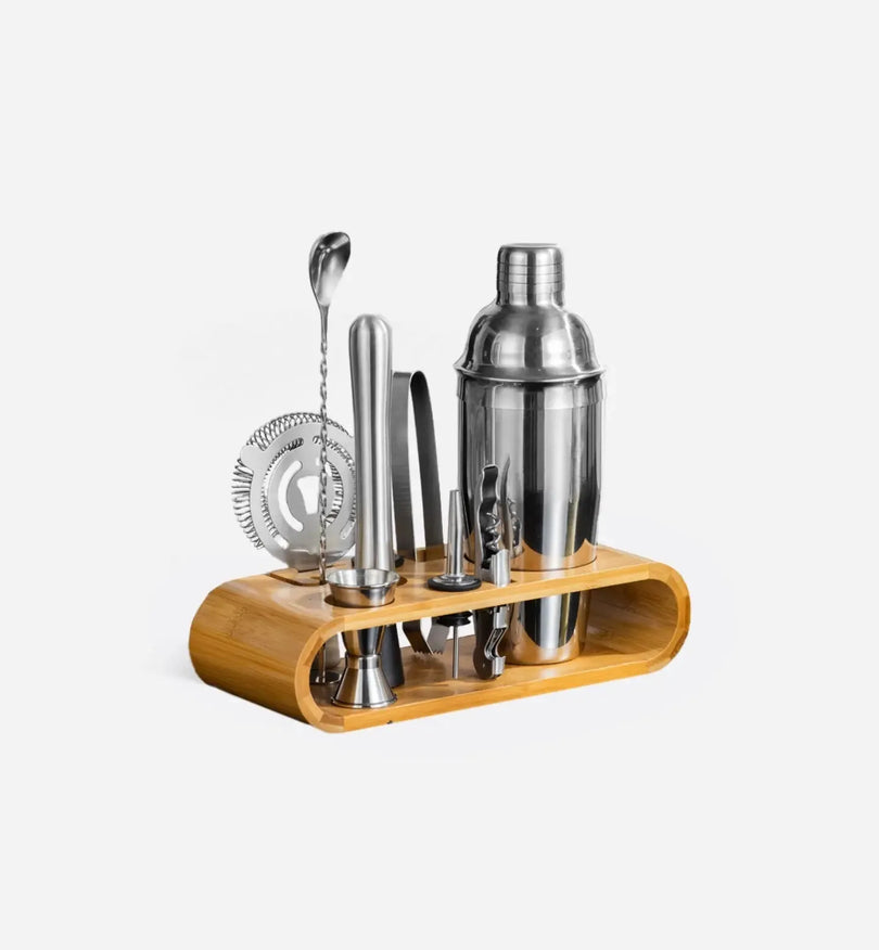kit cocktail bamboo accessoires shaker sur support bois naturel