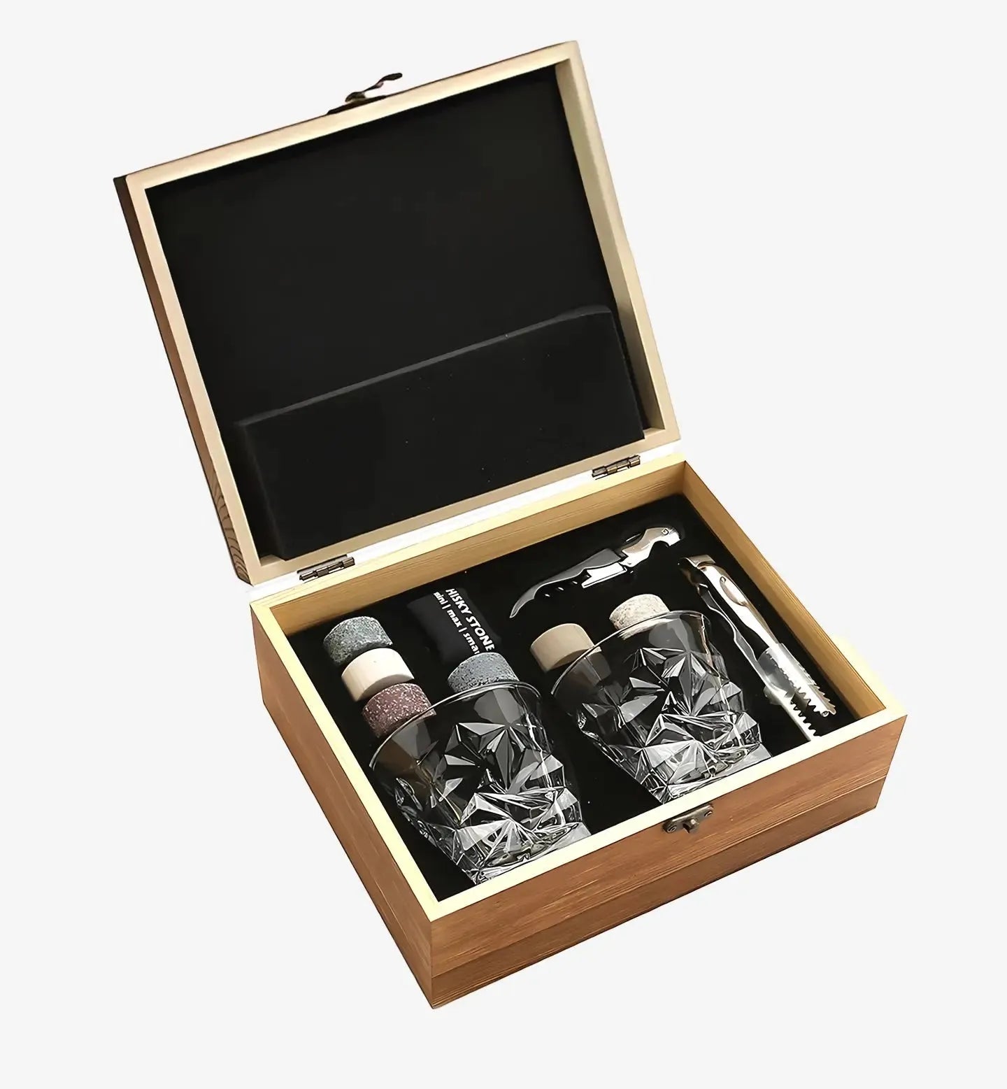 Coffret whisky haut de gamme avec 2 verres en cristal, pierres à whisky, sous-verres premium, ouvre-bouteille et boîte en bois faite main.