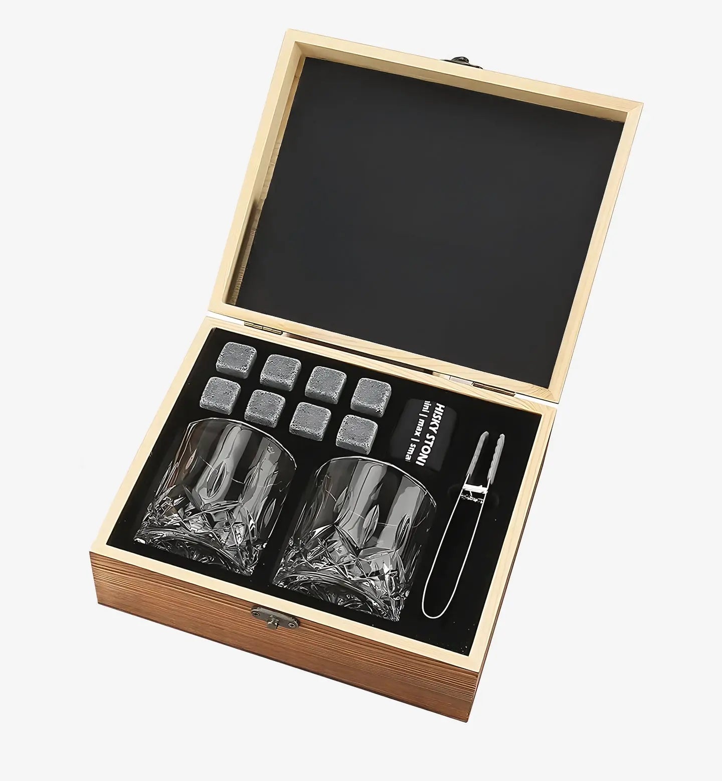 Coffret whisky élégant avec boîte en bois, 2 verres, 8 pierres à whisky, pince en métal et pochette en velours. Le cadeau idéal pour les amateurs de spiritueux.