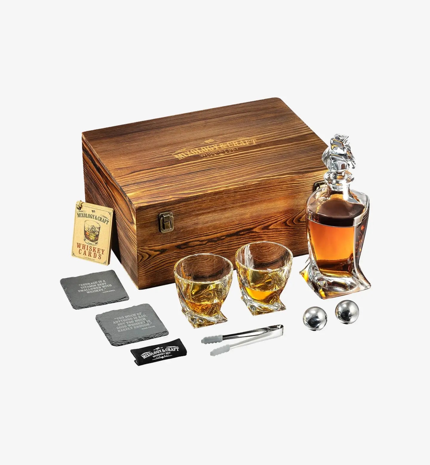 Coffret whisky luxe avec carafe en cristal (710 ml), 2 verres (300 ml), glaçons inox, cartes cocktails et boîte en bois gravée. Cadeau élégant et complet.