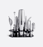 Kit Cocktail Argent Boston 600 ml avec support noir et accessoires professionnels, parfait pour une mixologie de luxe et des cocktails raffinés.