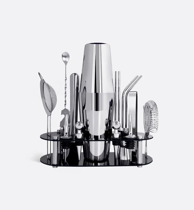 kit cocktail argent shaker inoxydable 600ml sur socle noir
