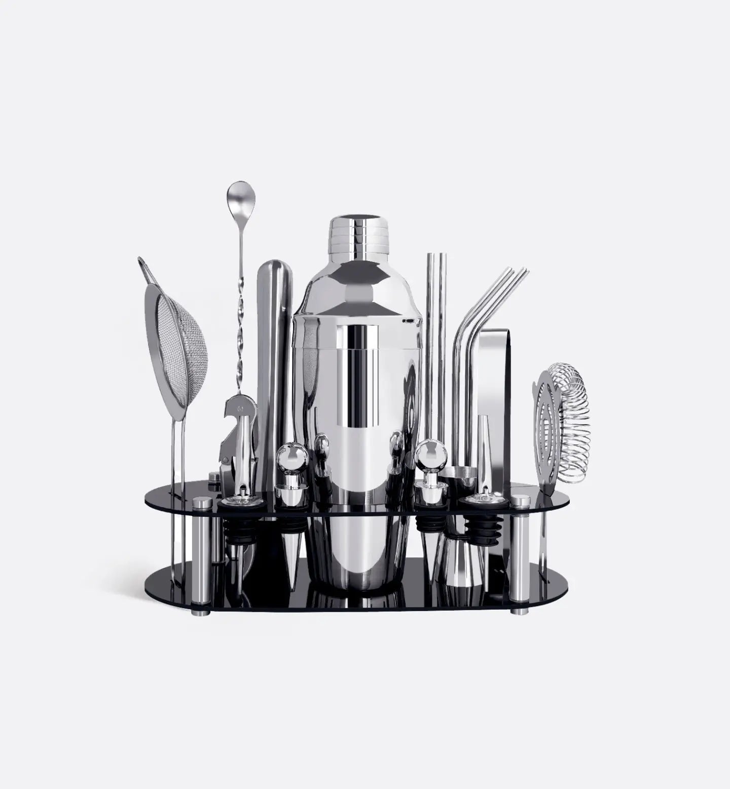 Kit Cocktail Argent Boston 750 ml avec support noir et accessoires professionnels, parfait pour une mixologie de luxe et des cocktails raffinés.