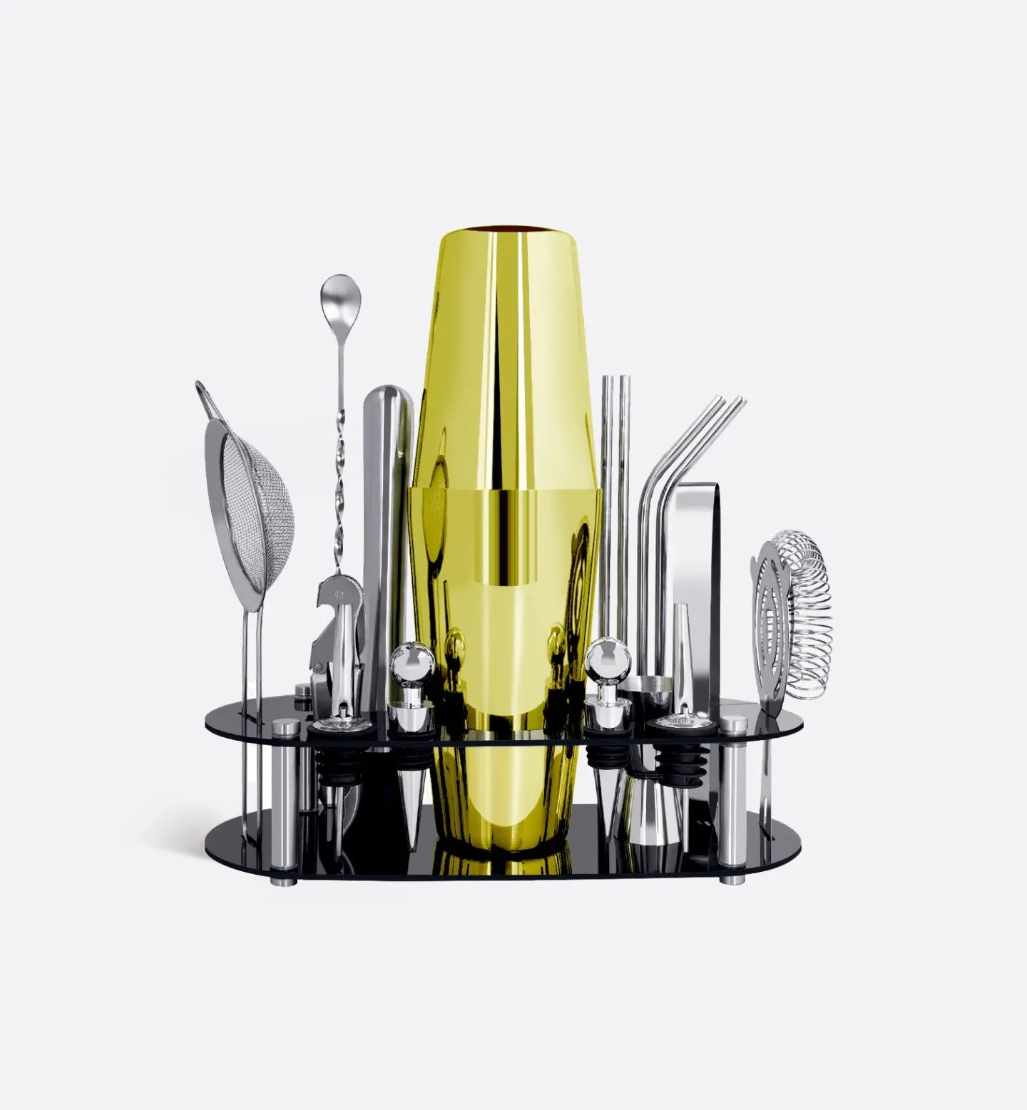 Kit Cocktail Gold Boston 600 ml avec support noir et accessoires professionnels, parfait pour une mixologie de luxe et des cocktails raffinés.