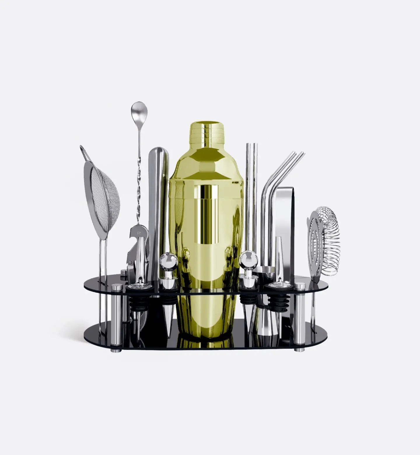Kit Cocktail Gold Boston 750 ml avec support noir et accessoires professionnels, parfait pour une mixologie de luxe et des cocktails raffinés.