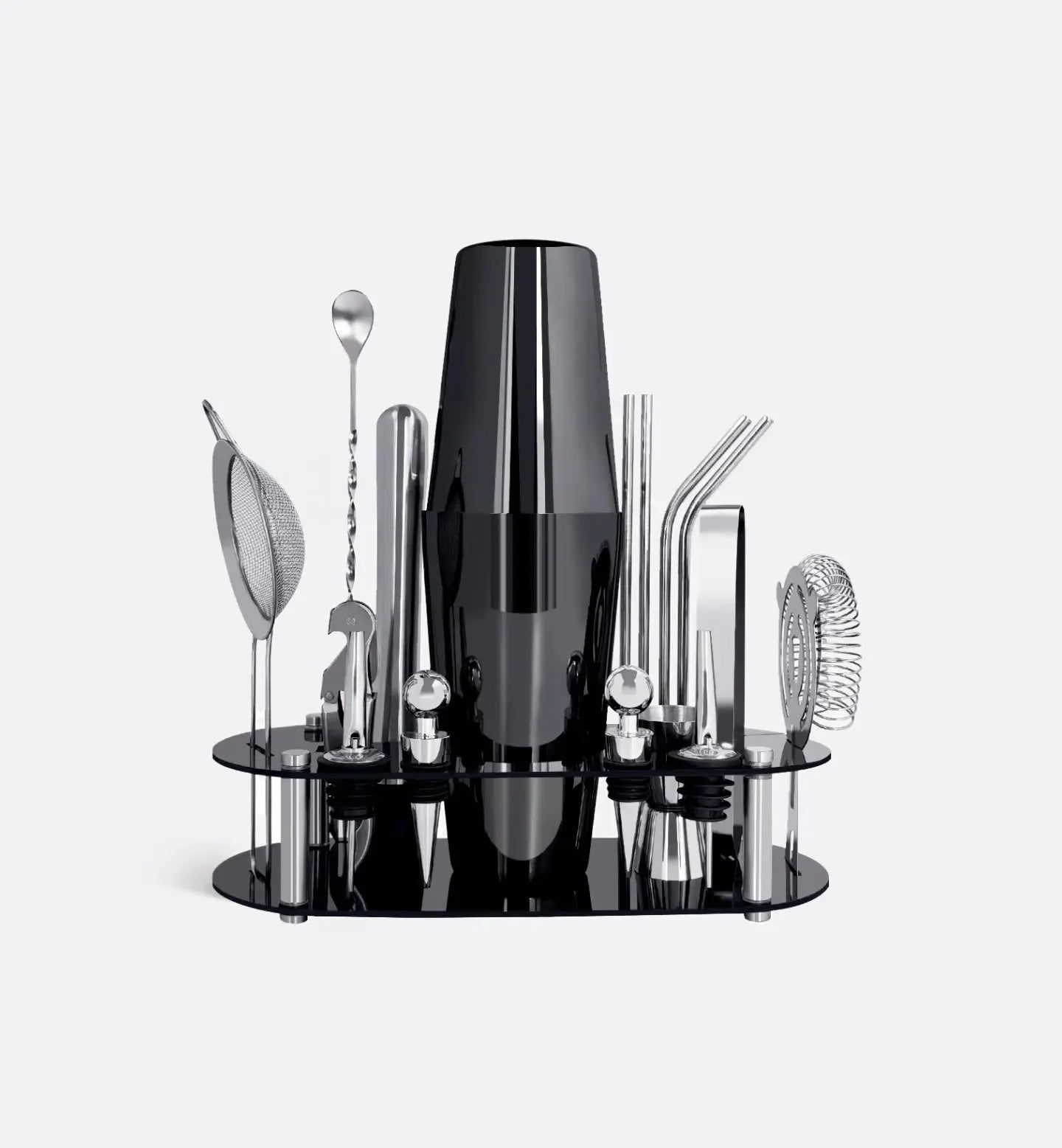 Kit Cocktail Noir Boston 600 ml avec support noir et accessoires professionnels. Élégance, performance et accessoires complets pour des cocktails d’exception.