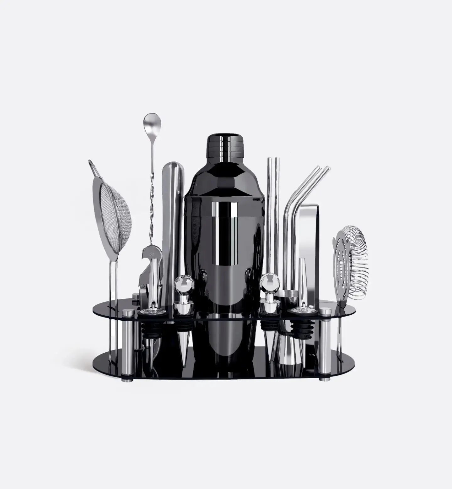 Kit Cocktail Noir Boston 750 ml avec support noir et accessoires professionnels. Élégance, performance et accessoires complets pour des cocktails d’exception.