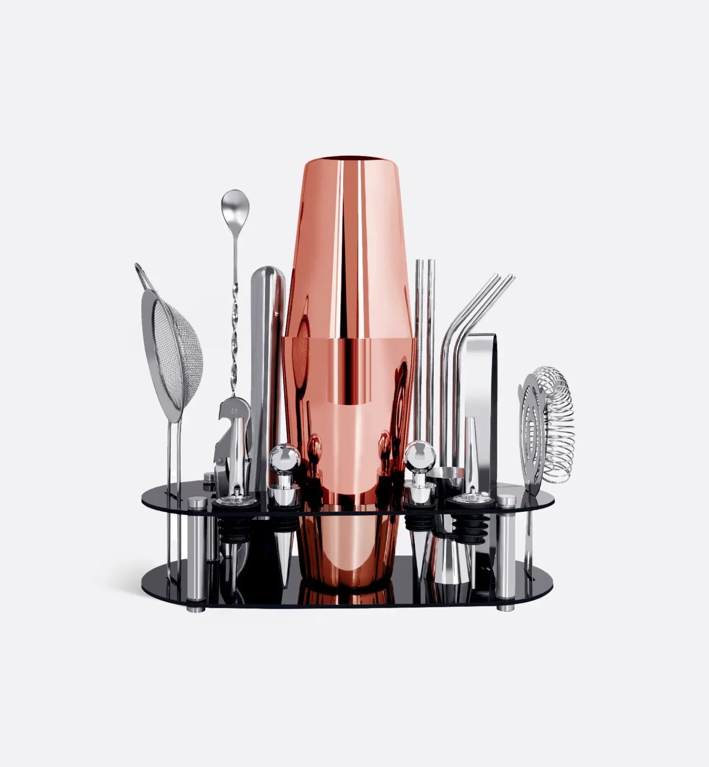 Kit Cocktail Or rose Boston 600 ml avec support noir et accessoires professionnels. Élégance, performance et accessoires complets pour des cocktails d’exception.