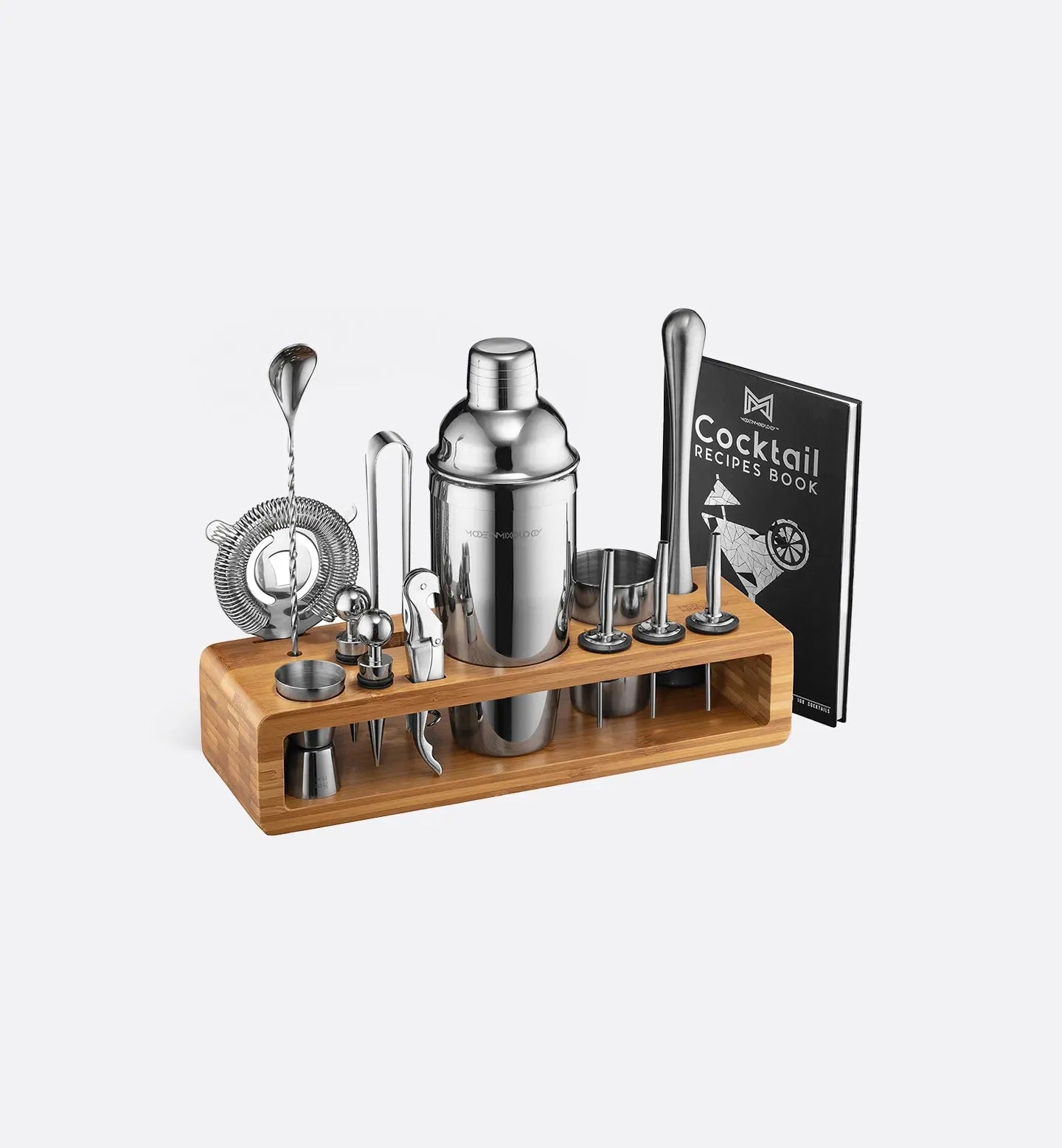 Kit cocktail avec shaker 710ml, support en bambou, accessoires complets, sac de transport et livre de recettes. Idéal pour la mixologie maison et les cadeaux raffinés.
