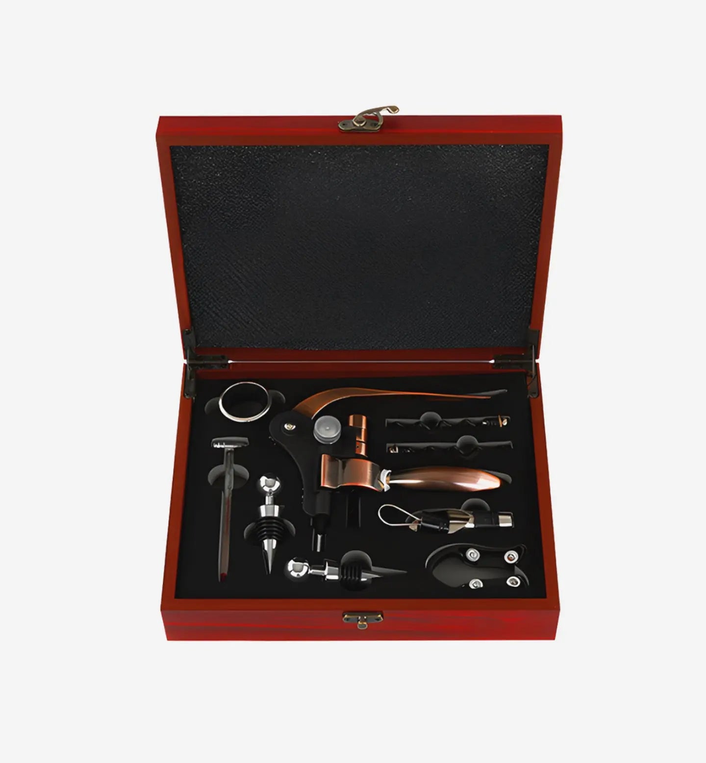 Pack sommelier complet dans une mallette rouge élégante. Tire-bouchon à levier, thermomètre, bouchons, stop-goutte… Idéal pour ouvrir et servir vos vins avec style.