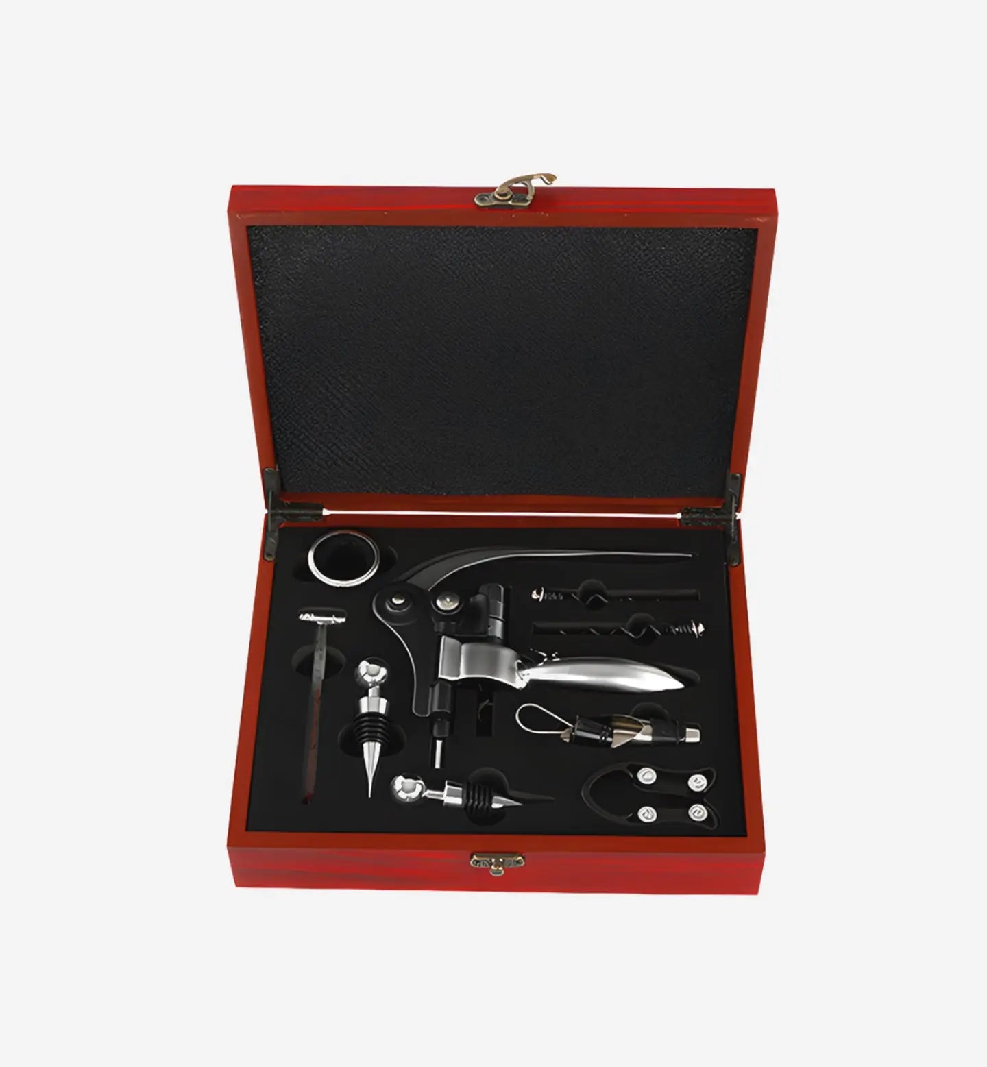 Pack sommelier complet dans une mallette rouge élégante. Tire-bouchon à levier, thermomètre, bouchons, stop-goutte… Idéal pour ouvrir et servir vos vins avec style. Silver