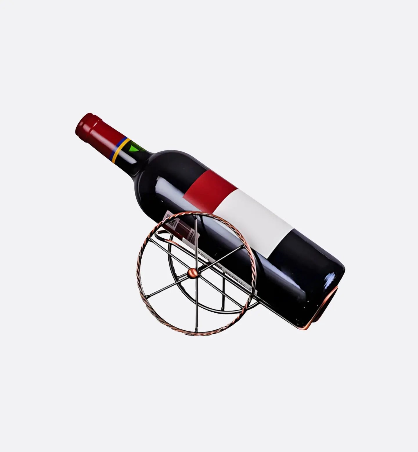 Porte-bouteilles design en forme de chariot, finition cuivre brillante. Élégant, compact et décoratif, parfait pour exposer vos bouteilles avec style.