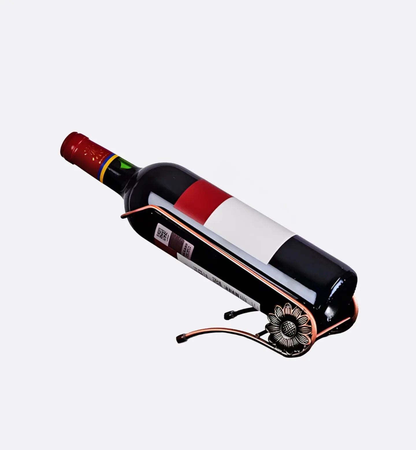 Porte-bouteilles cuivre au design original, inspiré du diable de transport avec touches florales. Élégant, stable et décoratif pour vos bouteilles.
