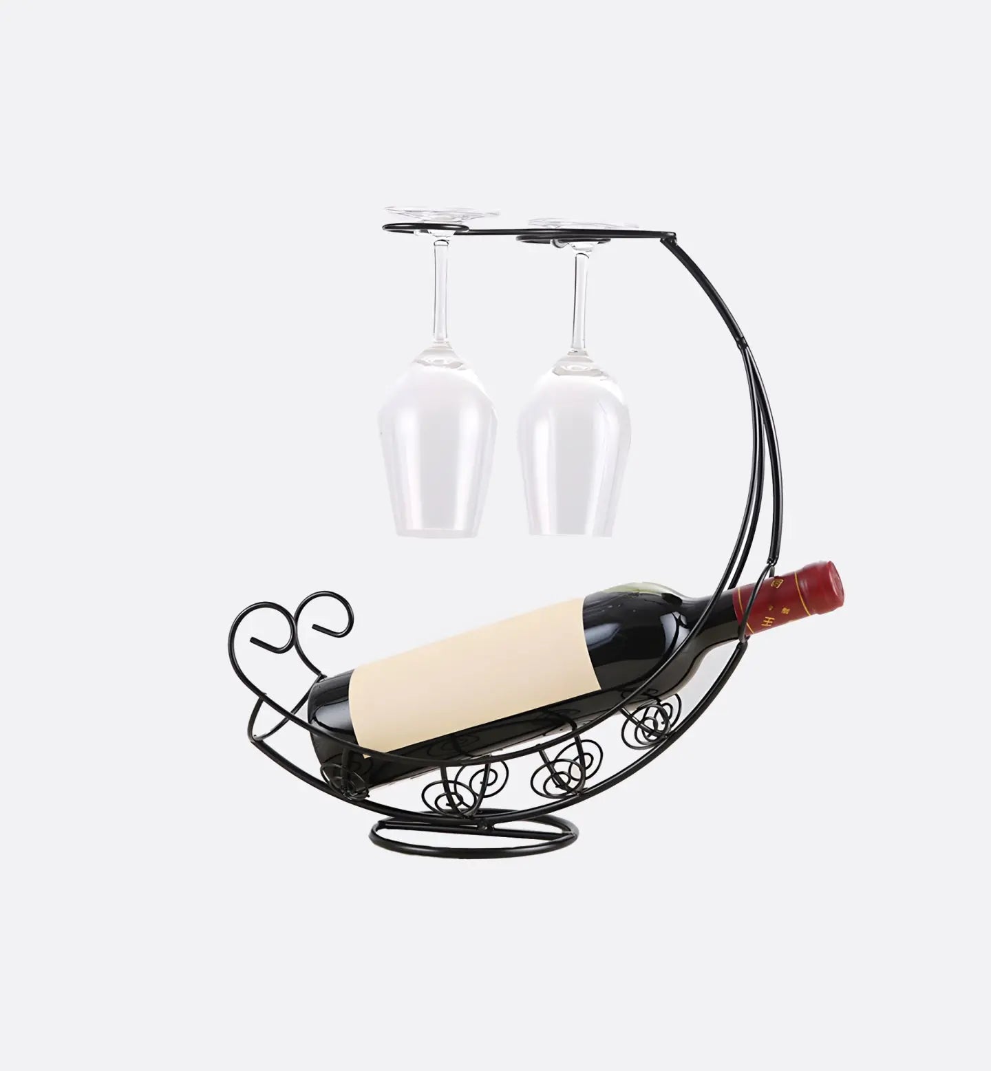 Porte-bouteilles Lune noir avec support pour deux verres à vin, design élégant et fonctionnel pour sublimer votre espace.