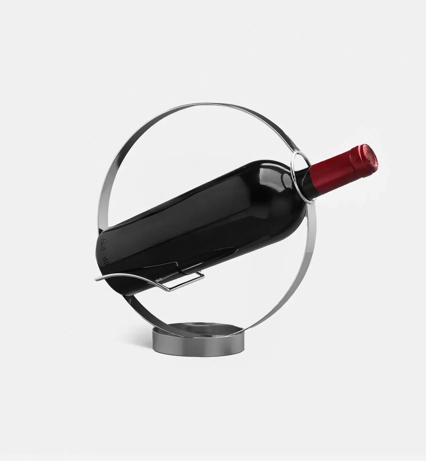 Porte-bouteilles cercle argent, design fin et élégant pour un rangement sûr et moderne de vos bouteilles.