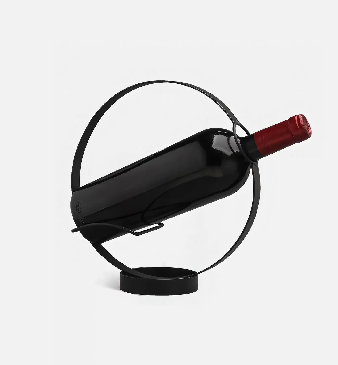 Porte-bouteilles cercle noir, design fin et moderne pour un rangement sûr et esthétique de vos bouteilles.
