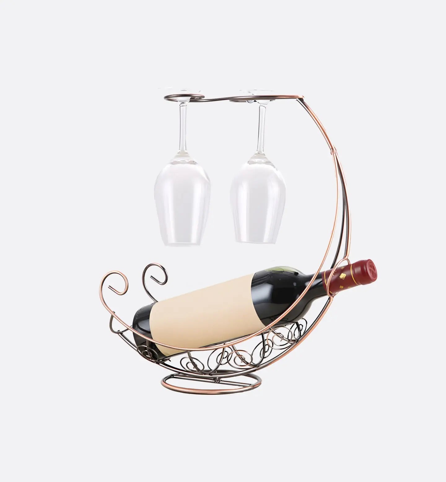 Porte-bouteilles Lune cuivre avec support pour deux verres à vin, design élégant et fonctionnel pour sublimer votre espace.