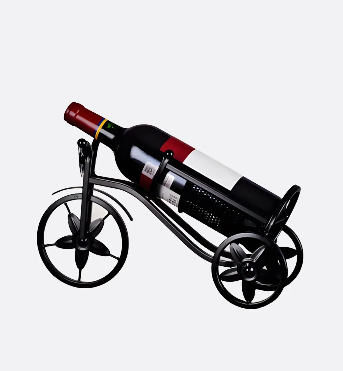 Porte-bouteilles tricycle noir, design moderne et raffiné. Un support élégant pour exposer vos bouteilles avec style, sobriété et originalité.