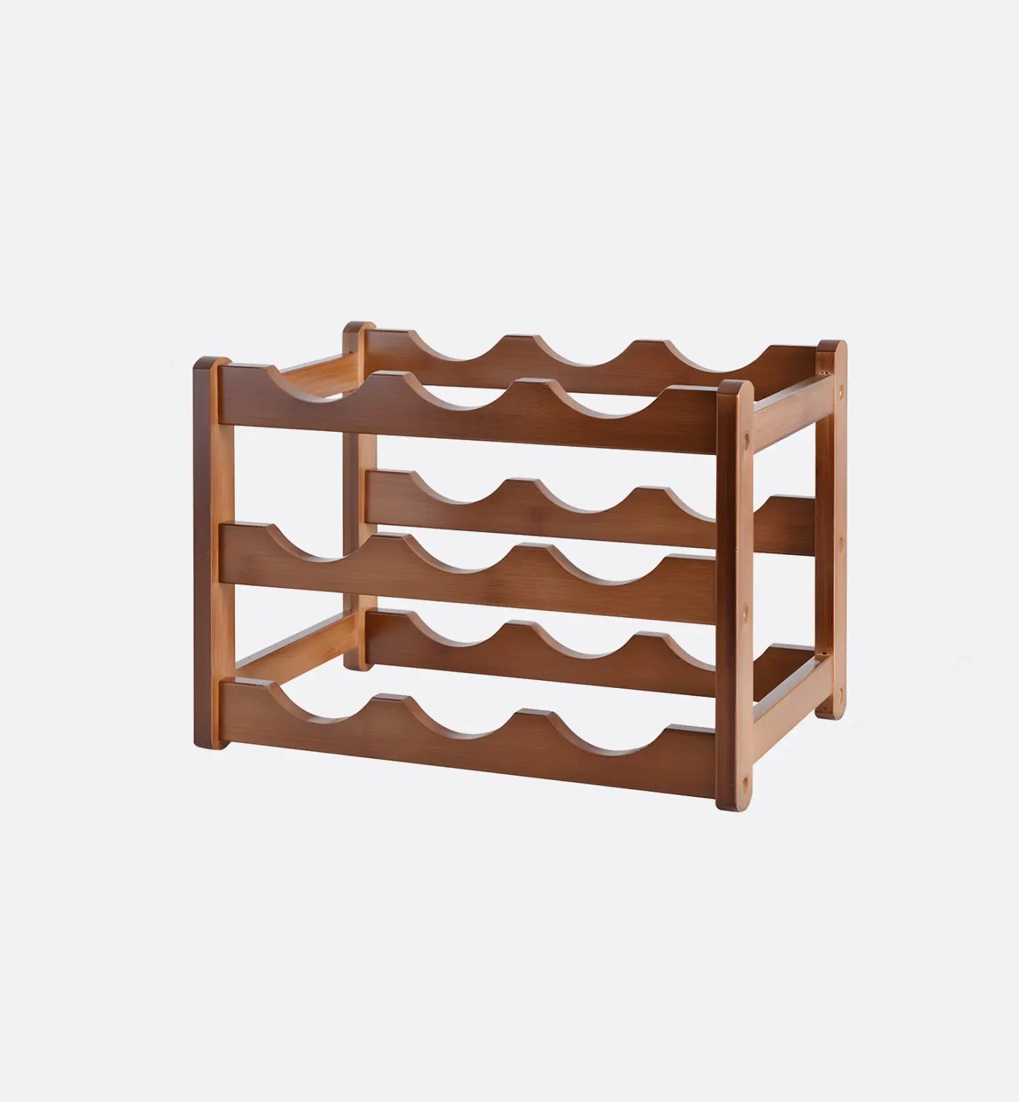 Range-bouteilles en bois 9 places sur 3 étages, structure croisée élégante. Dimensions : 36 x 23,5 x 25 cm. Design pratique et esthétique pour tout intérieur.
