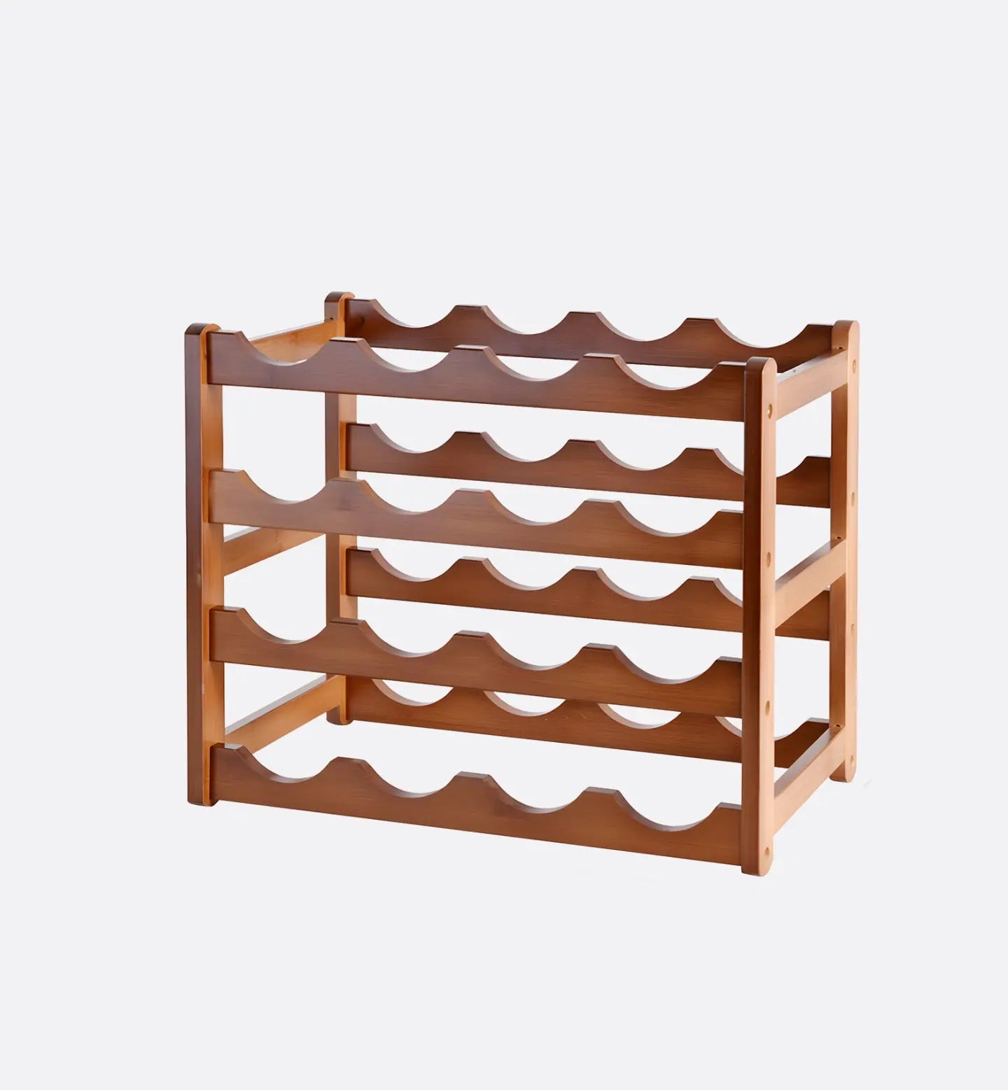 Range-bouteilles en bois 16 emplacements, 4 étages. Dimensions : 43 x 23,5 x 35 cm. Élégant, stable et parfait pour cuisine, bar ou cave à vin.