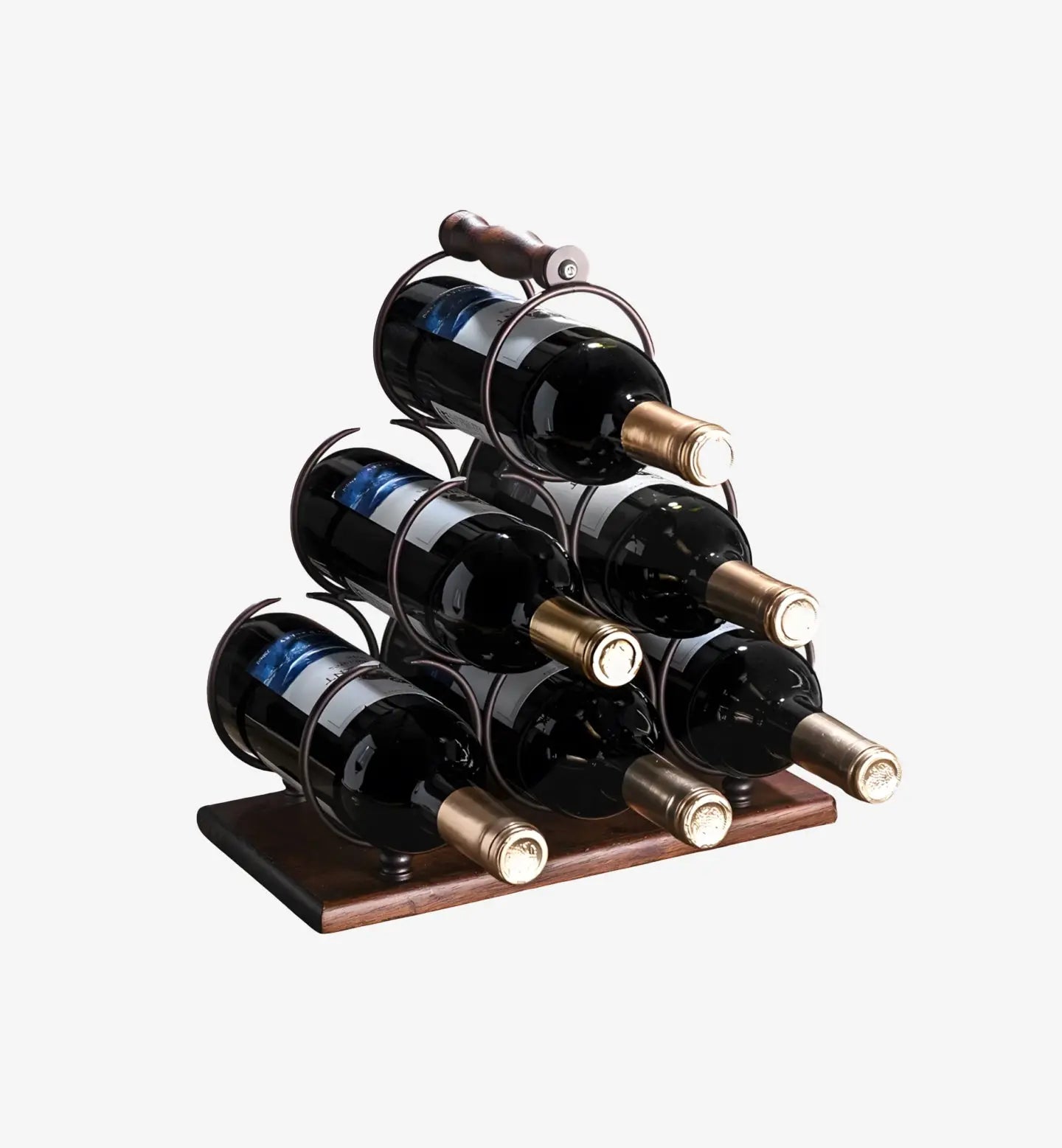Range bouteilles pyramidal 6 bouteilles en métal noir et bois. Design moderne et compact pour un rangement élégant dans tout intérieur.