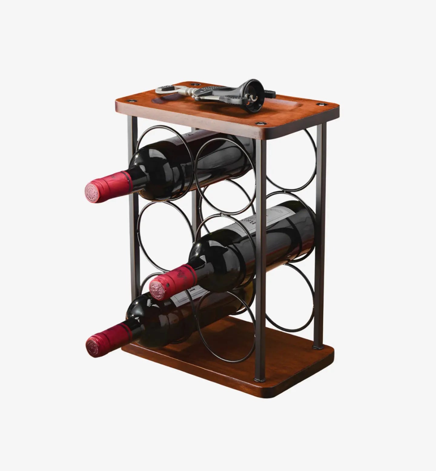 Range-bouteilles 3X2 en métal noir et bois, design compact et élégant pour 6 bouteilles. Format étagère pratique : H35 cm x L26 cm x P16 cm.