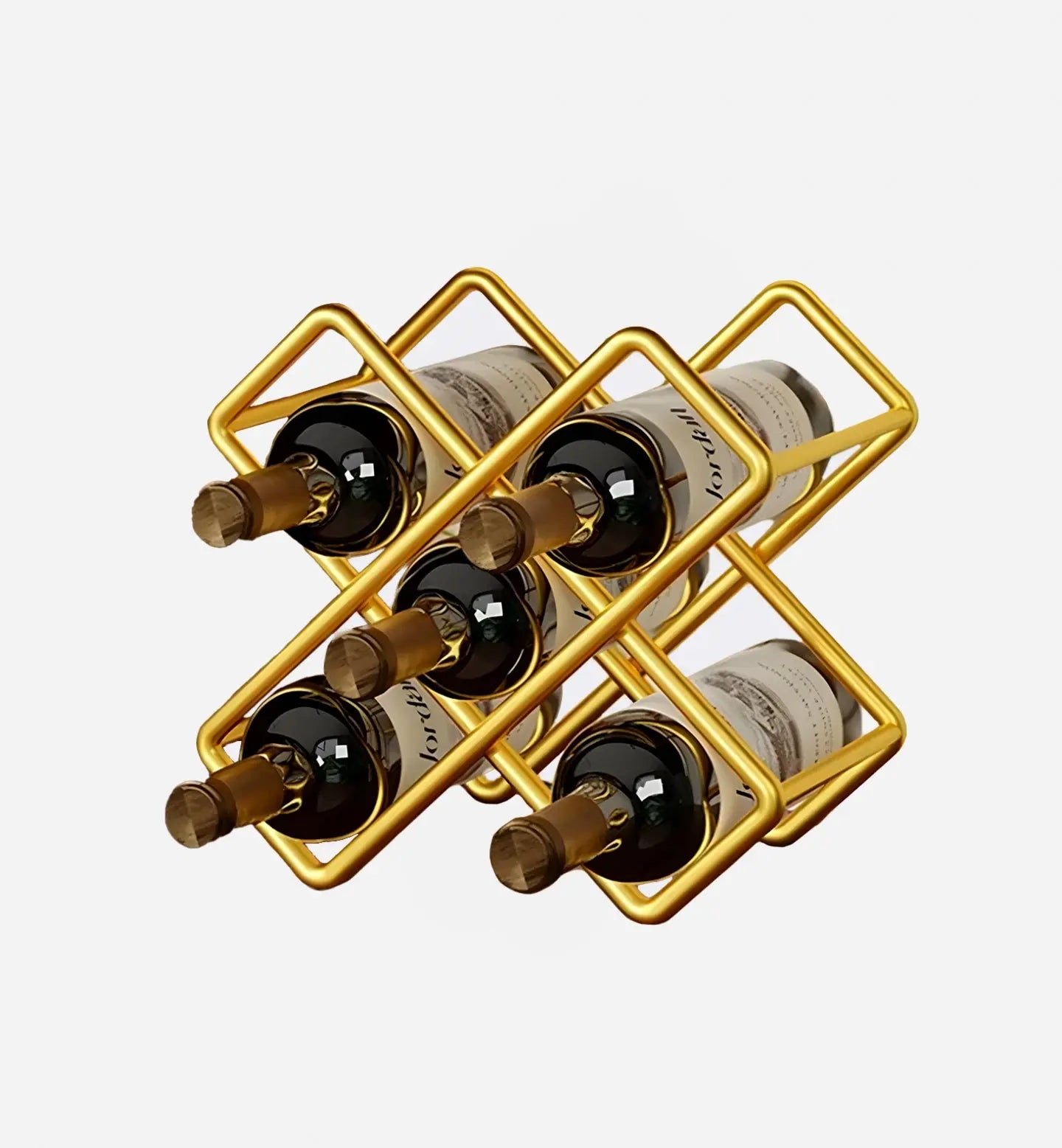 Range-bouteilles en métal doré, 5 emplacements. Finition brillante et design raffiné. Dimensions 28 x 28 cm. Élégant et idéal pour intérieur chic.