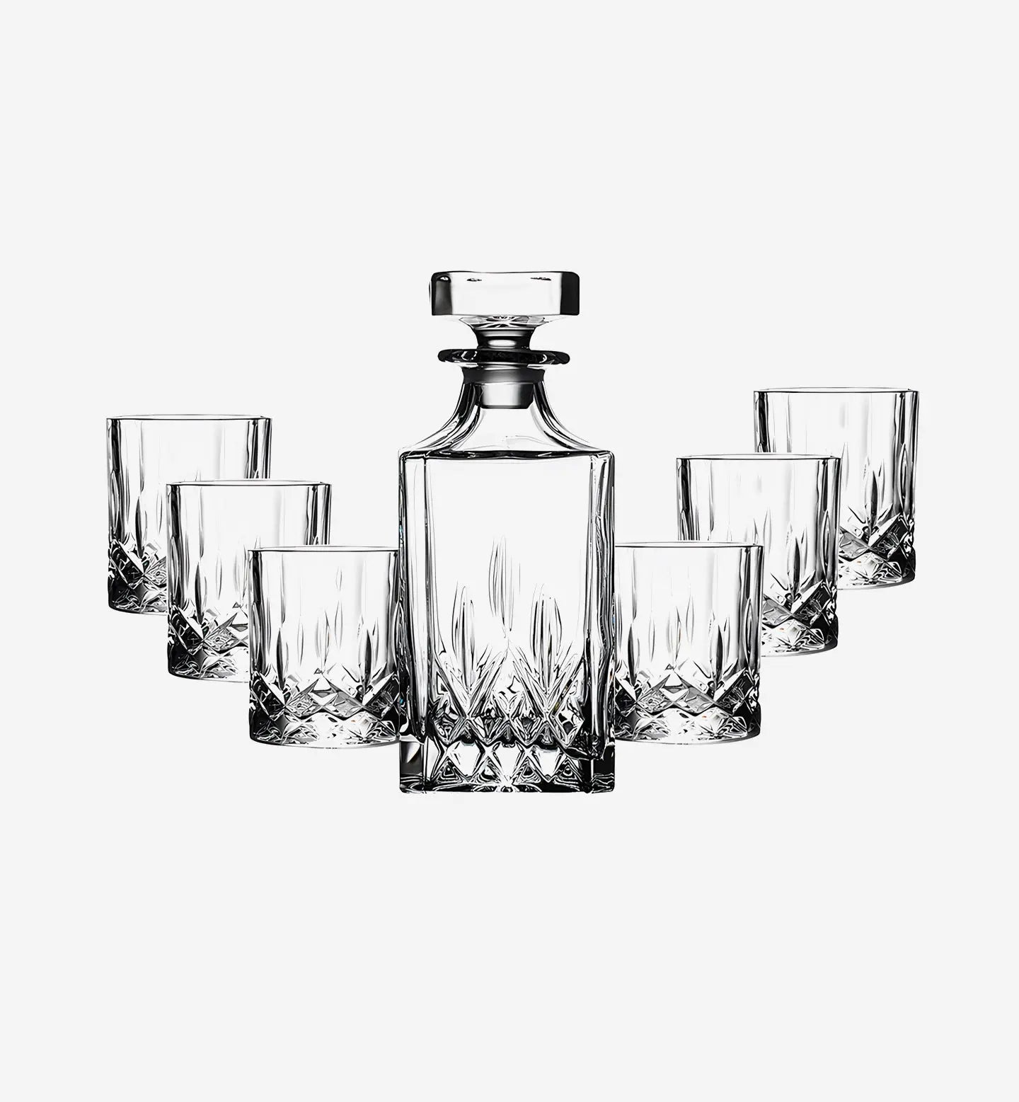 Service à whisky en cristal style classique. Carafe 750 ml + 6 verres de 210 ml. Design épuré et élégant pour une dégustation raffinée.