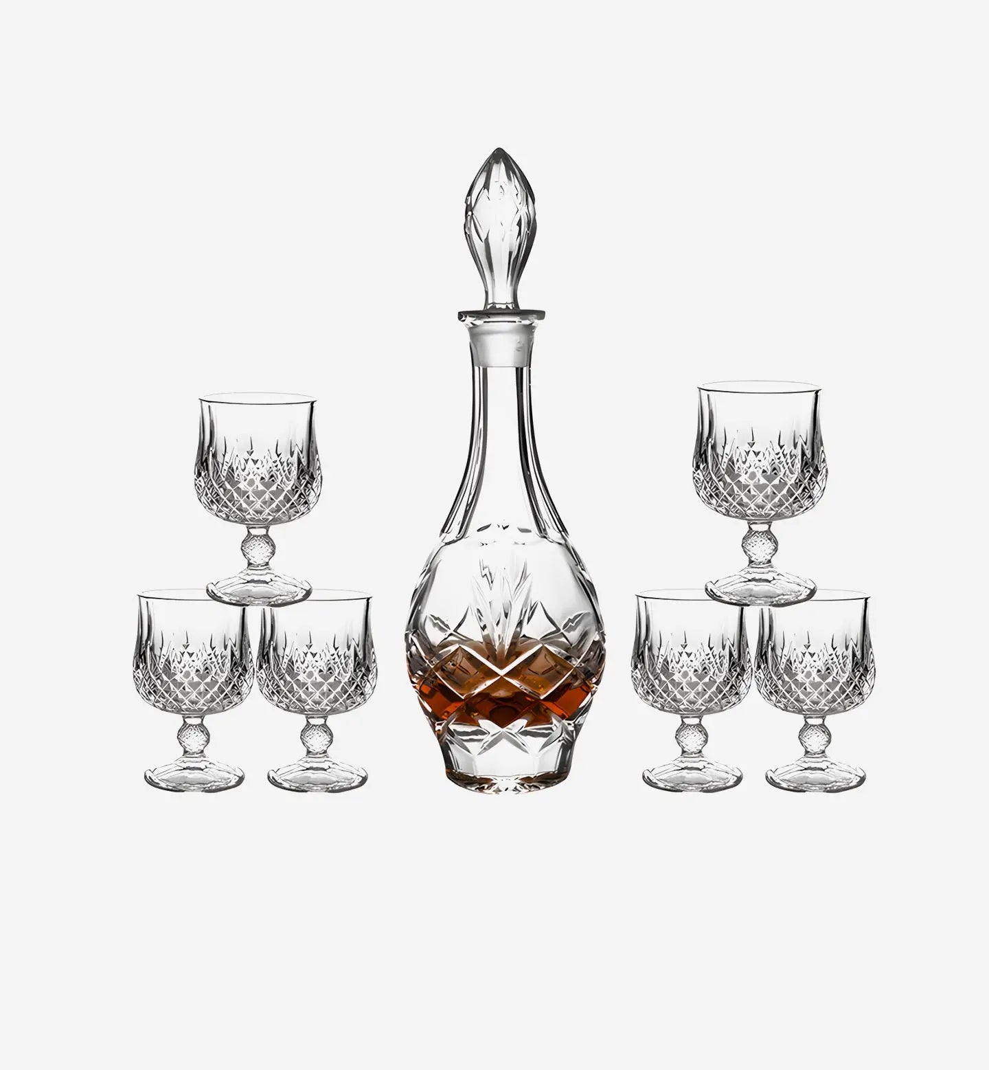 Service à whisky en cristal style Elixir II, carafe 800 ml + 6 verres 260 ml. Design vintage complexe pour une dégustation élégante et raffinée.