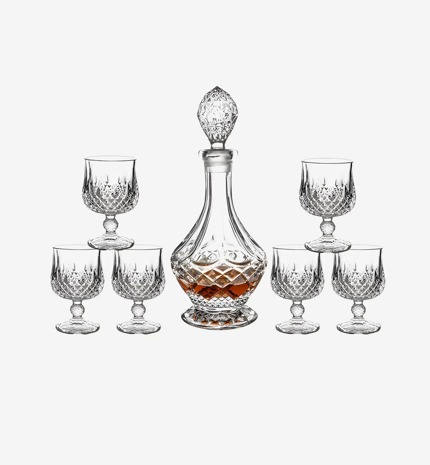 Service à whisky en cristal style Elixir IV, carafe 800 ml + 6 verres 260 ml. Design vintage raffiné pour une expérience de dégustation haut de gamme.