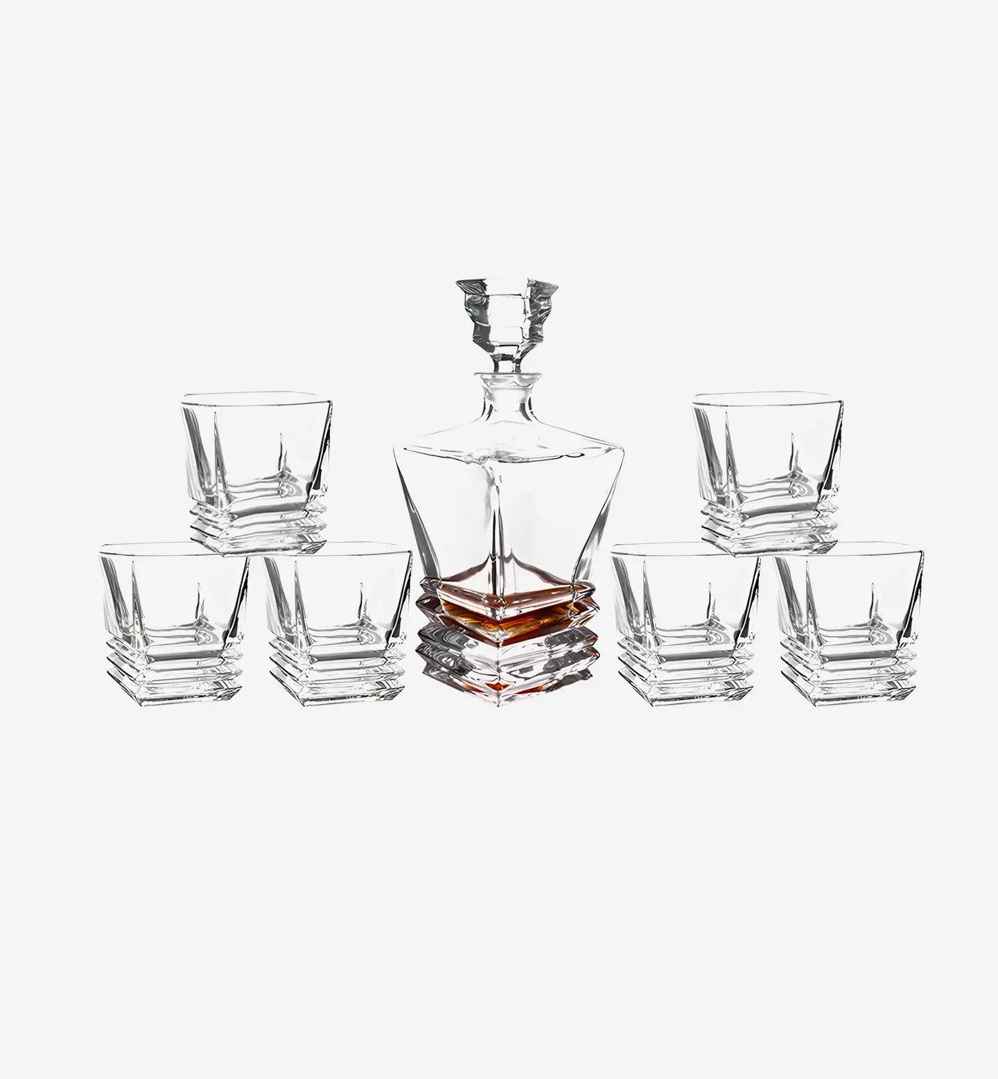 Service à whisky en cristal style Accordeon, carafe 800 ml + 6 verres 280 ml. Design sobre et rayé, parfait pour une expérience de dégustation raffinée.