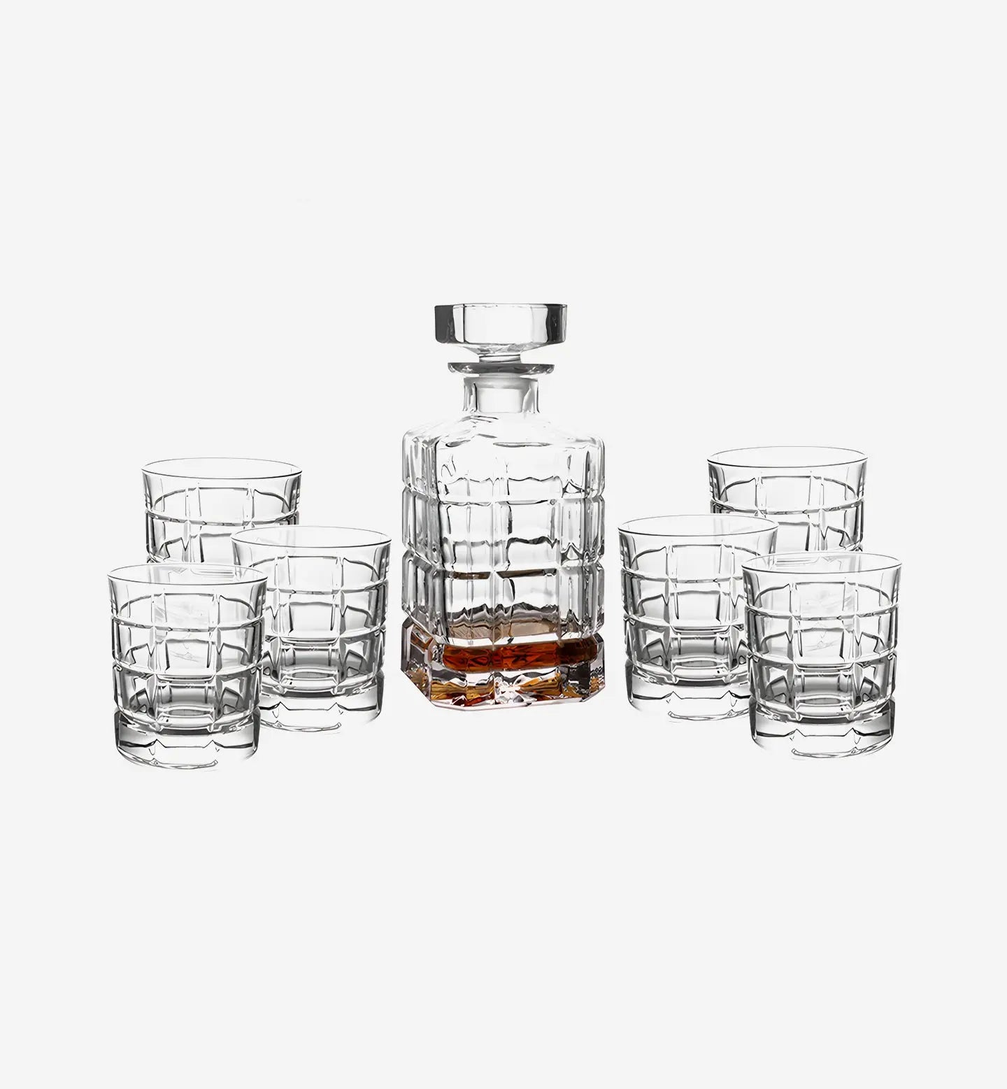 Service à whisky en cristal style damier. Carafe 750 ml + 6 verres de 250 ml. Motif élégant et design épuré pour une dégustation raffinée.