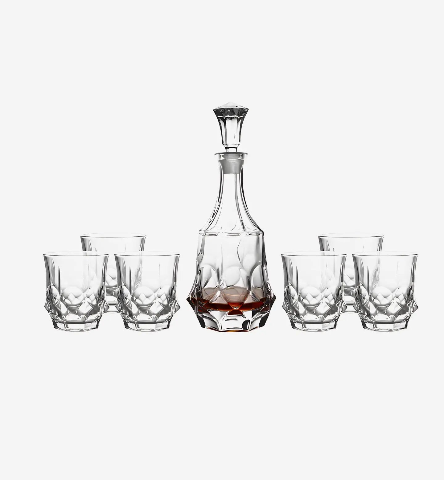 Service à whisky en cristal style vintage Elixir. Carafe 820 ml + 6 verres de 300 ml. Design complexe et raffiné pour une dégustation élégante et chaleureuse.