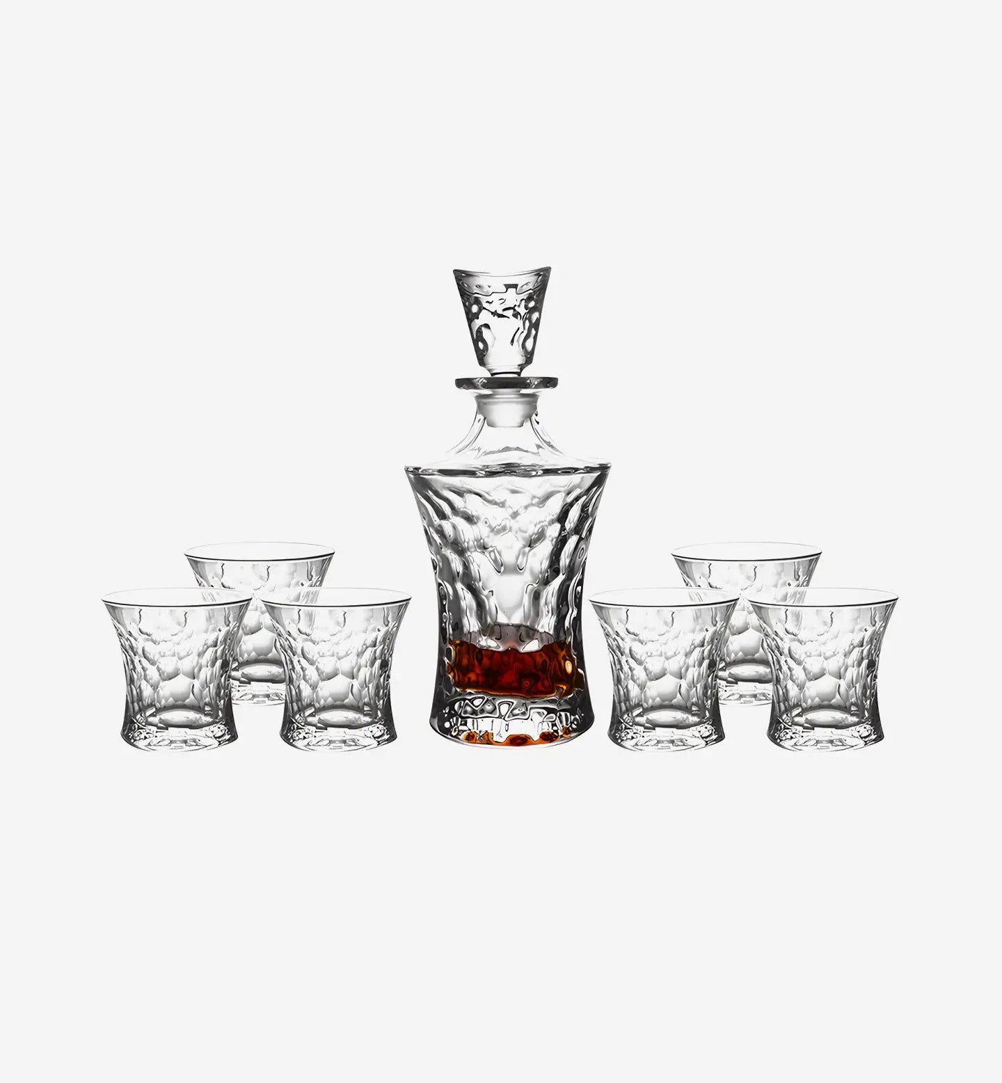 Service à whisky en cristal style Érosion avec texture roche. Carafe 650 ml + 6 verres 280 ml. Élégance naturelle et robustesse pour vos dégustations.