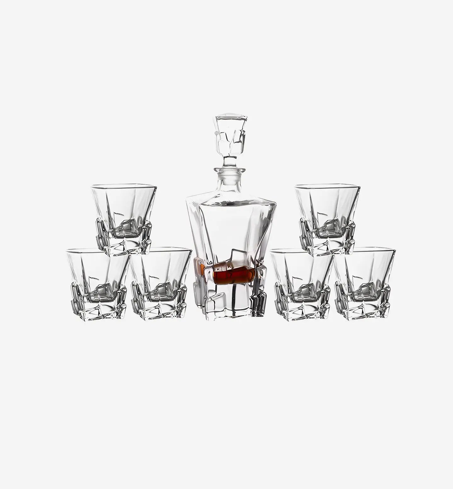 Service à whisky en cristal style monolithe. Carafe 630 ml + 6 verres de 290 ml. Design moderne et épuré pour une dégustation élégante.