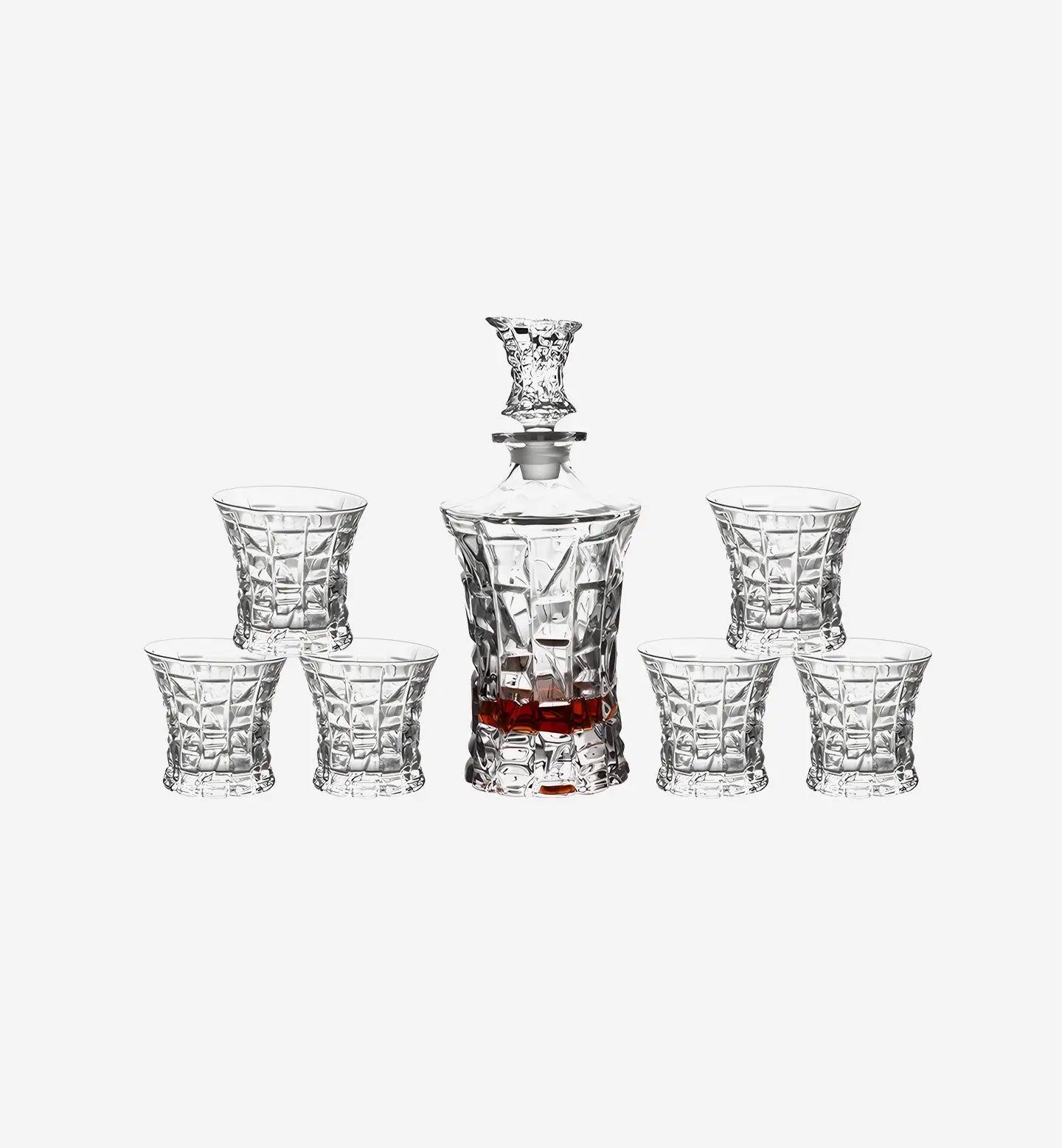 Service à whisky en cristal style Mosaic, motif damier abstrait. Carafe 700 ml + 6 verres de 250 ml. Design moderne et élégant pour une dégustation unique.