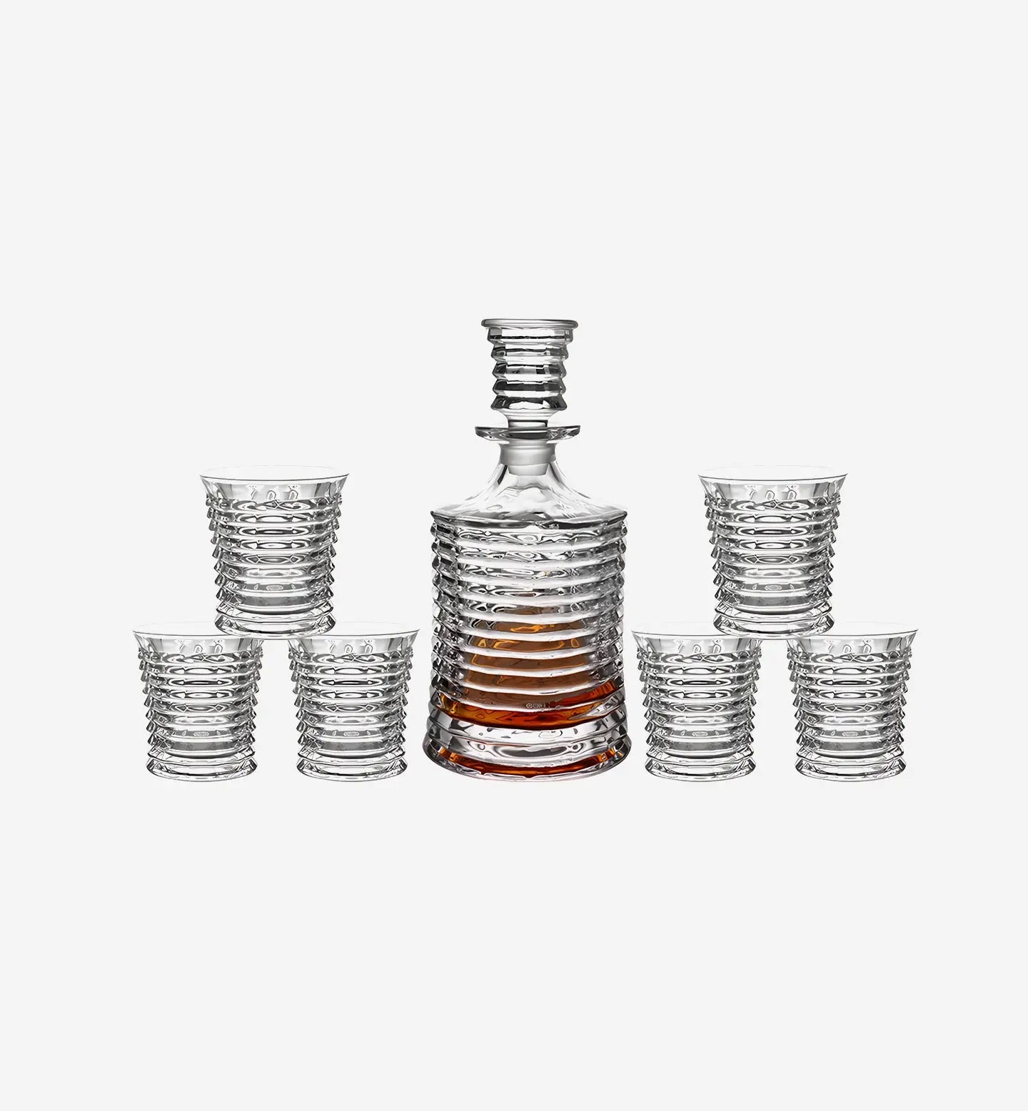Service à whisky en cristal style Rays, carafe 750 ml et 6 verres 280 ml. Design moderne avec rayures horizontales, pour une expérience élégante.
