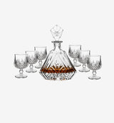 Service à whisky en cristal Royal — carafe et verres, vue de face sur fond blanc