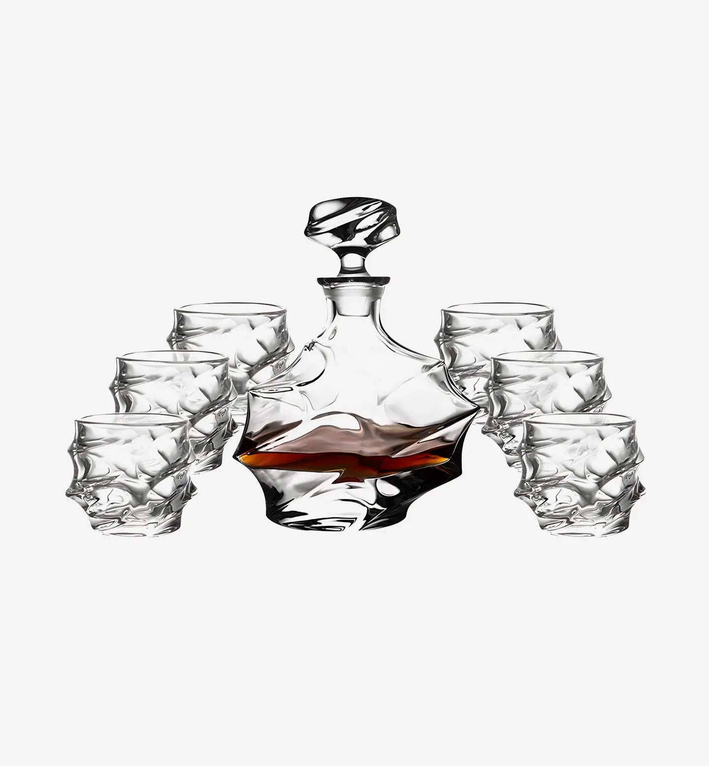 Service à whisky en cristal style Timeless. Carafe 750 ml + 6 verres de 300 ml. Design abstrait et raffiné pour une dégustation unique et élégante.