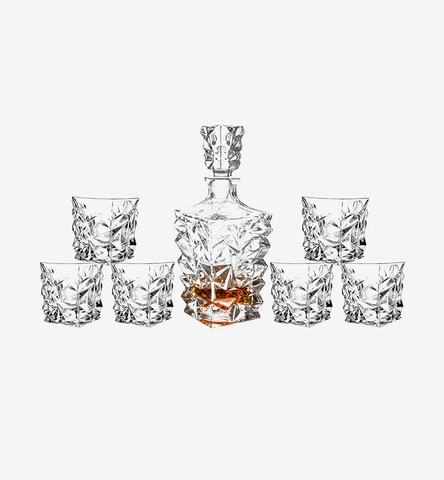Service à whisky en cristal style origami. Carafe 750 ml + 6 verres de 260 ml. Design complexe et anguleux pour une expérience moderne et raffinée.