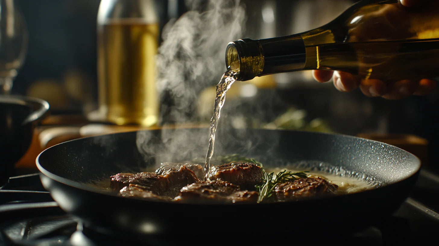 Déglacer au vin blanc une poêle avec sucs de cuisson dorés
